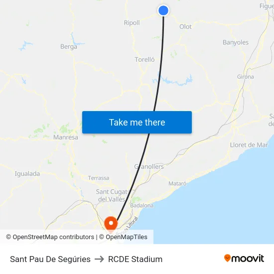 Sant Pau De Segúries to RCDE Stadium map
