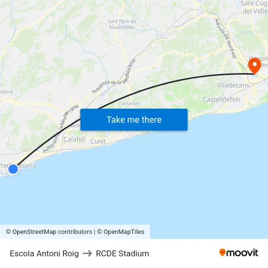 Escola Antoni Roig to RCDE Stadium map
