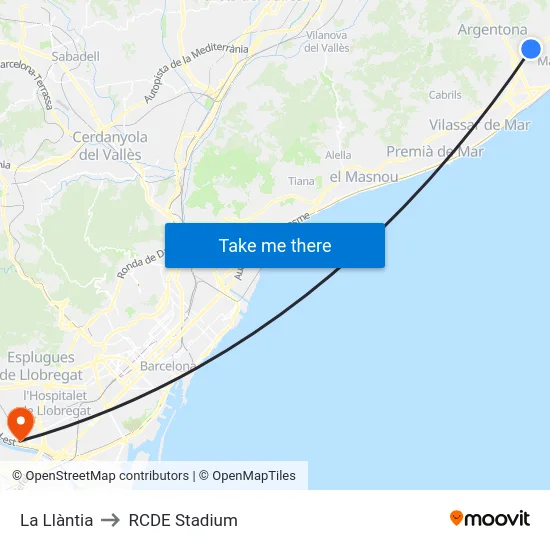 La Llàntia to RCDE Stadium map