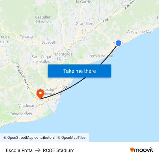 Escola Freta to RCDE Stadium map