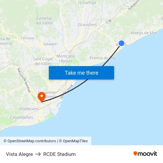Vista Alegre to RCDE Stadium map