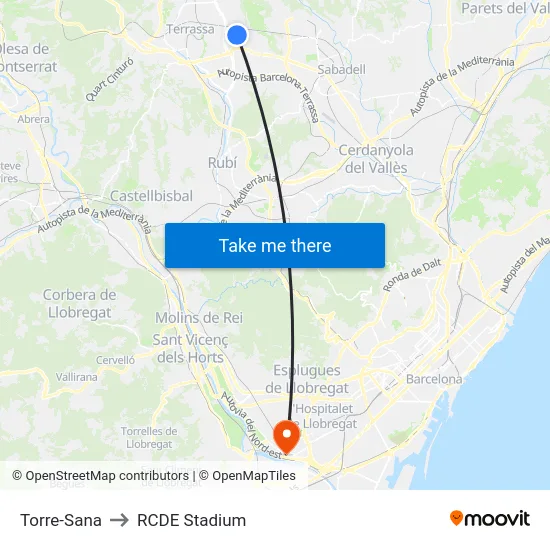 Torre-Sana to RCDE Stadium map