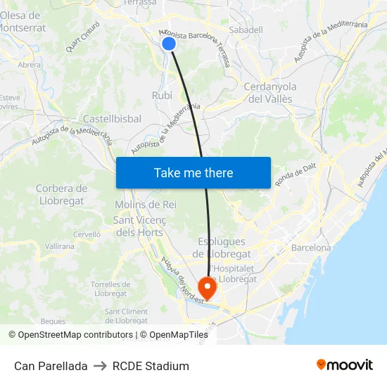 Can Parellada to RCDE Stadium map
