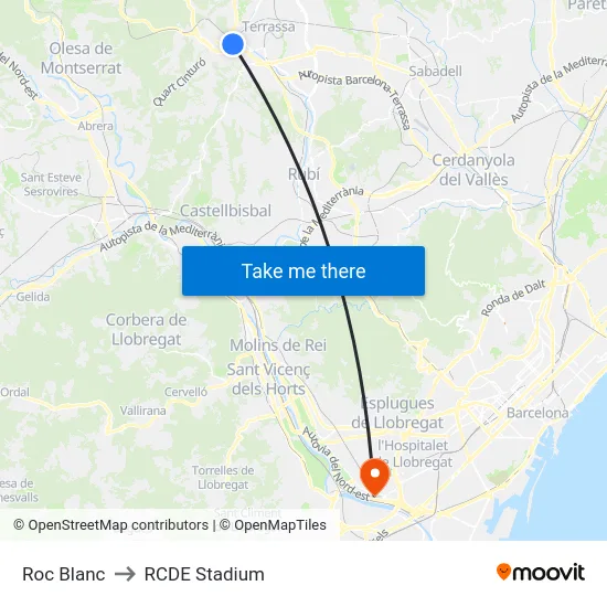 Roc Blanc to RCDE Stadium map