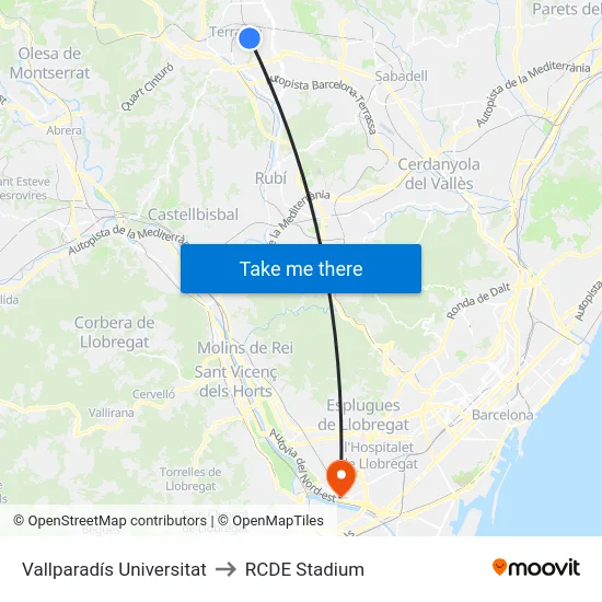 Vallparadís Universitat to RCDE Stadium map