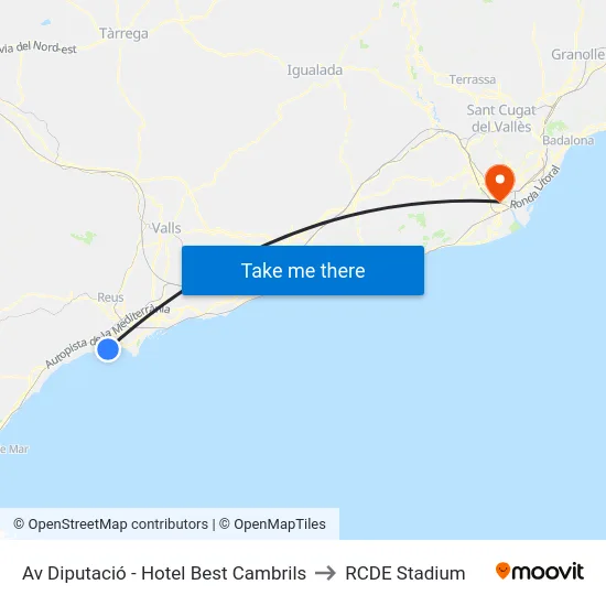 Av Diputació - Hotel Best Cambrils to RCDE Stadium map
