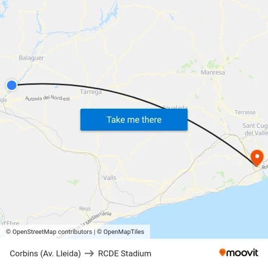 Corbins (Av. Lleida) to RCDE Stadium map