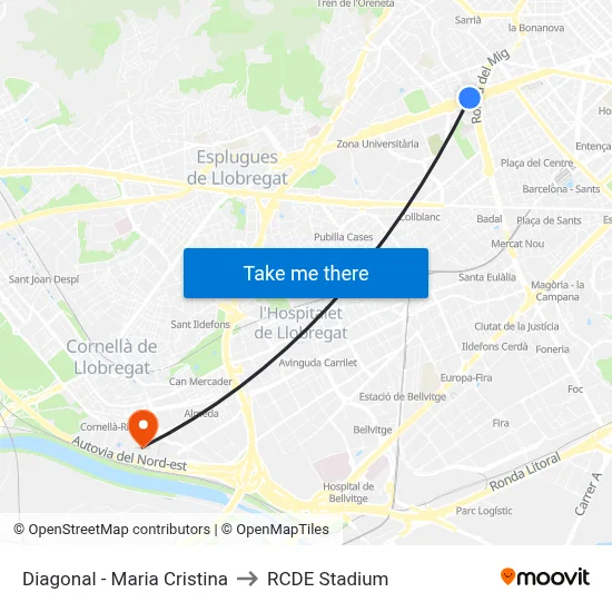 Diagonal - Maria Cristina to RCDE Stadium map