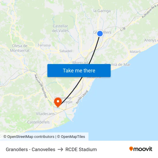 Granollers - Canovelles to RCDE Stadium map
