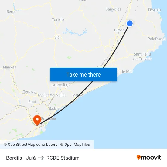 Bordils - Juià to RCDE Stadium map