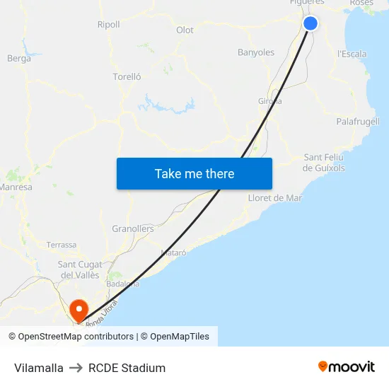 Vilamalla to RCDE Stadium map