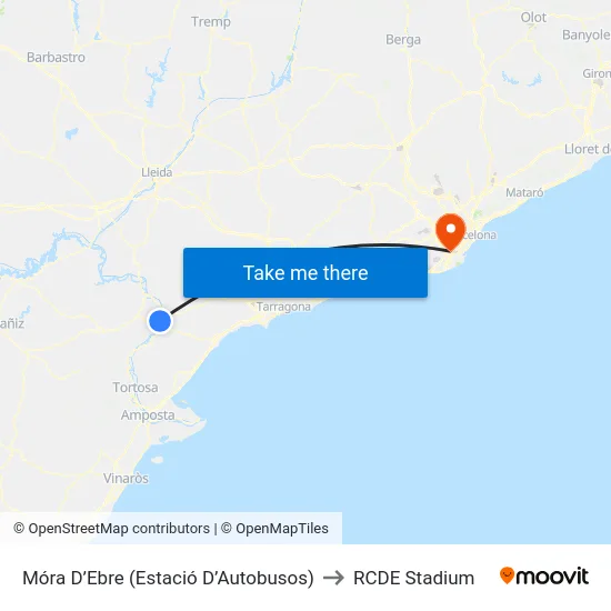 Móra D’Ebre (Estació D’Autobusos) to RCDE Stadium map