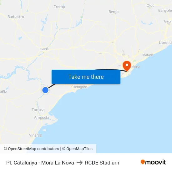 Pl. Catalunya - Móra La Nova to RCDE Stadium map