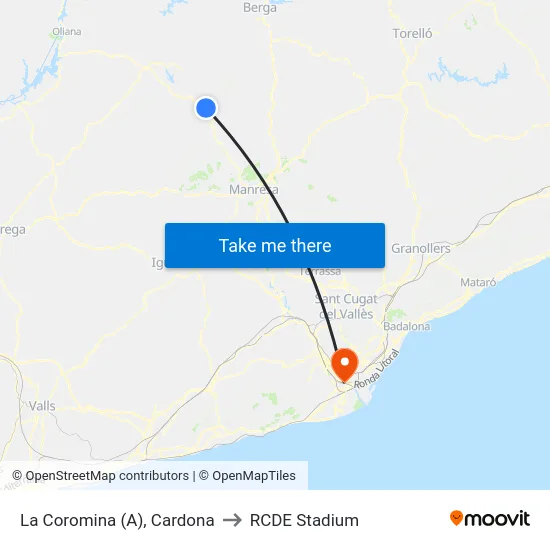 La Coromina (A), Cardona to RCDE Stadium map