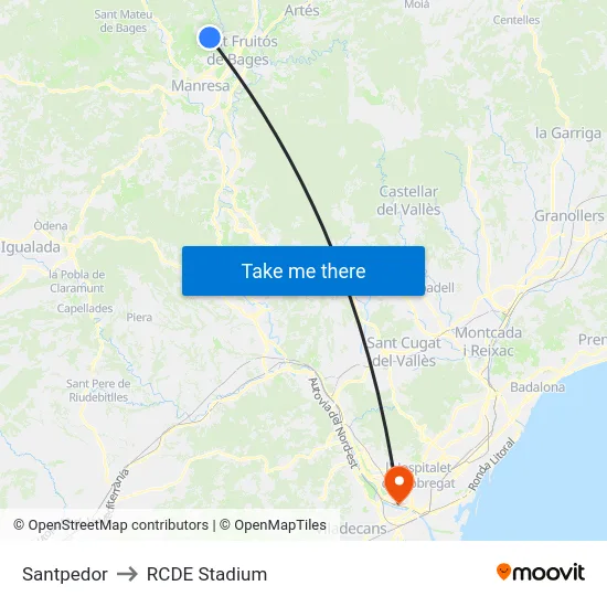 Santpedor to RCDE Stadium map