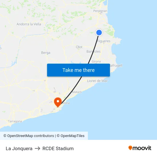 La Jonquera to RCDE Stadium map