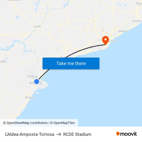 L'Aldea-Amposta-Tortosa to RCDE Stadium map