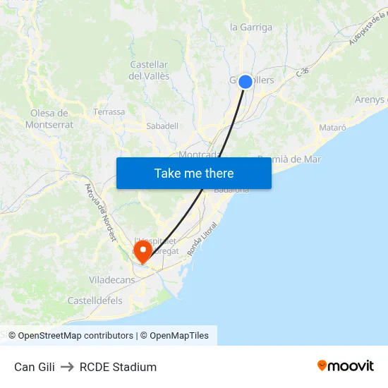Can Gili to RCDE Stadium map