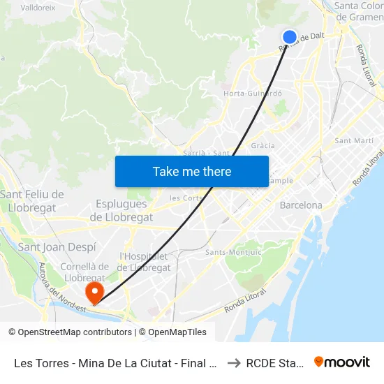 Les Torres - Mina De La Ciutat - Final De Trajecte to RCDE Stadium map