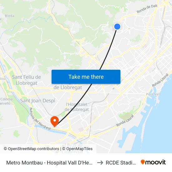 Metro Montbau - Hospital Vall D'Hebron to RCDE Stadium map
