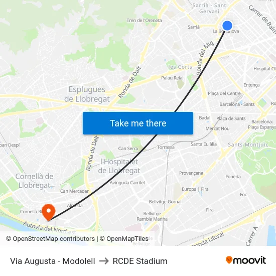 Via Augusta - Modolell to RCDE Stadium map