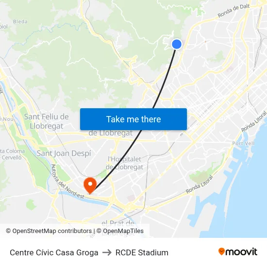 Centre Cívic Casa Groga to RCDE Stadium map