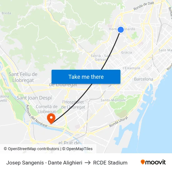 Josep Sangenís - Dante Alighieri to RCDE Stadium map