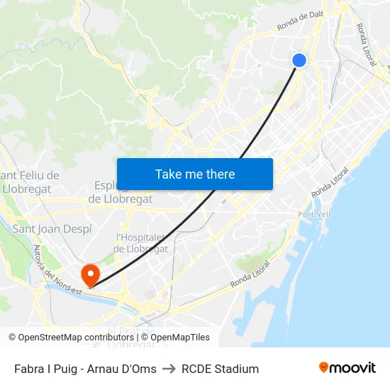 Fabra I Puig - Arnau D'Oms to RCDE Stadium map