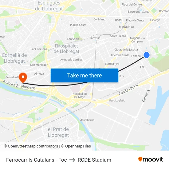 Ferrocarrils Catalans - Foc to RCDE Stadium map