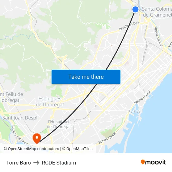 Torre Baró to RCDE Stadium map