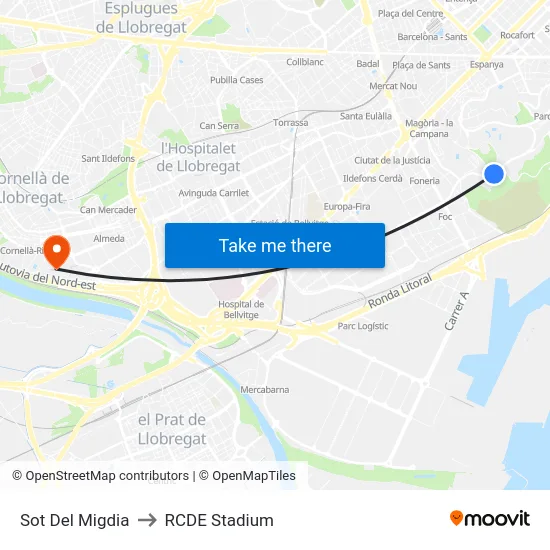 Sot Del Migdia to RCDE Stadium map