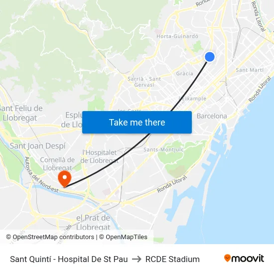 Sant Quintí - Hospital De St Pau to RCDE Stadium map