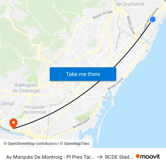 Av Marquès De Montroig - Pl Pres Tarradellas to RCDE Stadium map