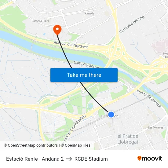 Estació Renfe - Andana 2 to RCDE Stadium map