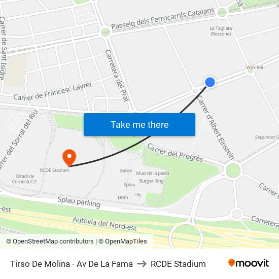 Tirso De Molina - Av De La Fama to RCDE Stadium map