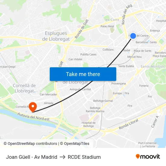 Joan Güell - Av Madrid to RCDE Stadium map