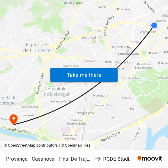 Provença - Casanova - Final De Trajecte to RCDE Stadium map