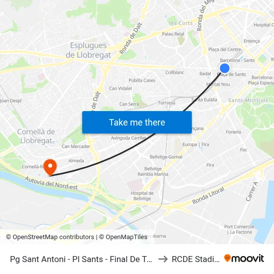 Pg Sant Antoni - Pl Sants - Final De Trajecte to RCDE Stadium map