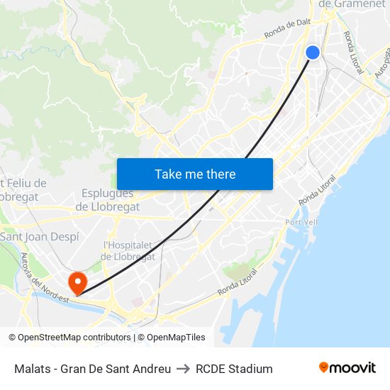 Malats - Gran De Sant Andreu to RCDE Stadium map