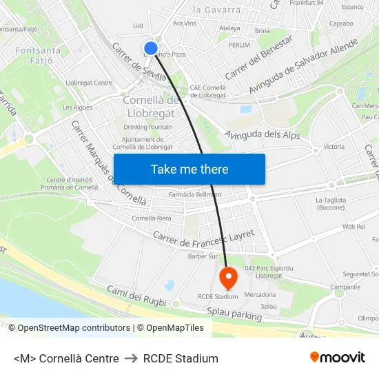 <M> Cornellà Centre to RCDE Stadium map
