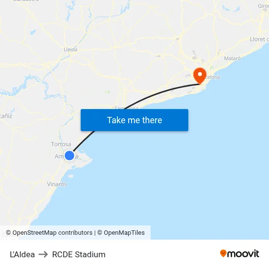 L'Aldea to RCDE Stadium map