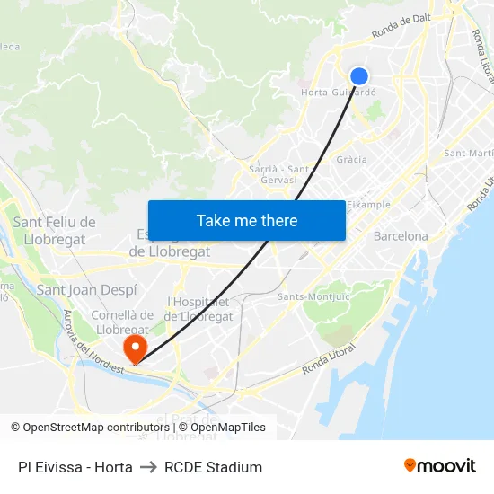 Pl Eivissa - Horta to RCDE Stadium map