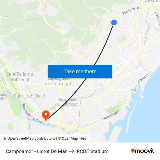 Campoamor - Lloret De Mar to RCDE Stadium map