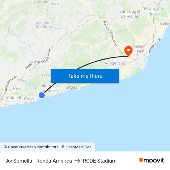 Av Somella - Ronda Amèrica to RCDE Stadium map