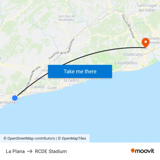 La Plana to RCDE Stadium map