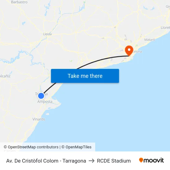 Av. De Cristòfol Colom - Tarragona to RCDE Stadium map