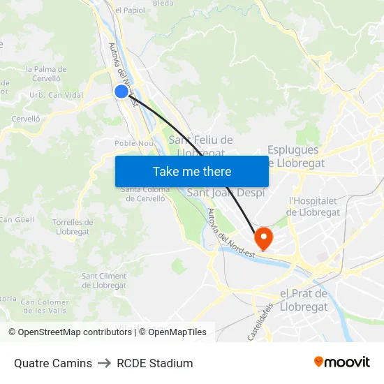 Quatre Camins to RCDE Stadium map