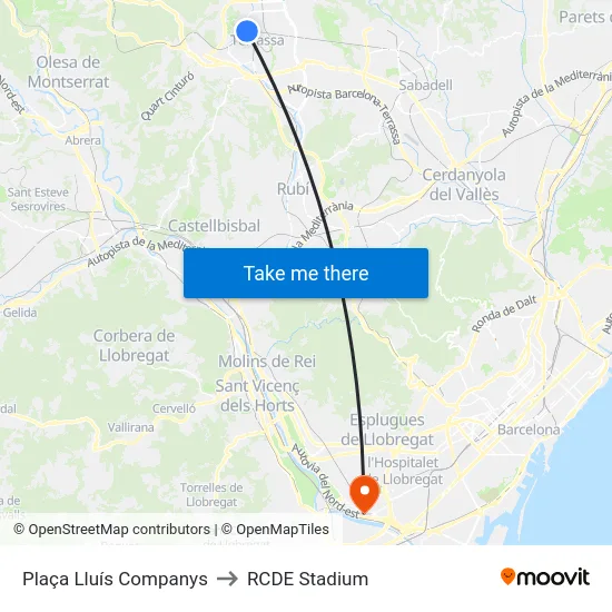 Plaça Lluís Companys to RCDE Stadium map