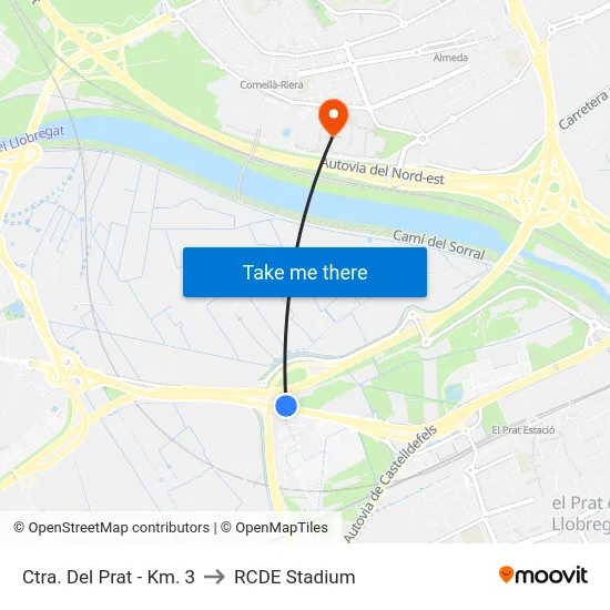 Ctra. Del Prat - Km. 3 to RCDE Stadium map