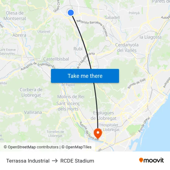 Terrassa Industrial to RCDE Stadium map